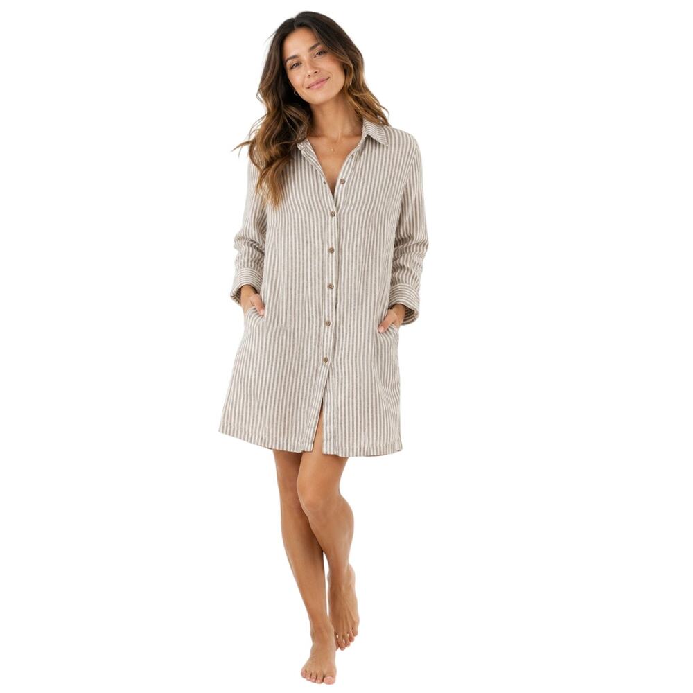 Yuvita 100% Linen Dress Size S Striped Neutral Cream Lagenlook Minimalist Beach